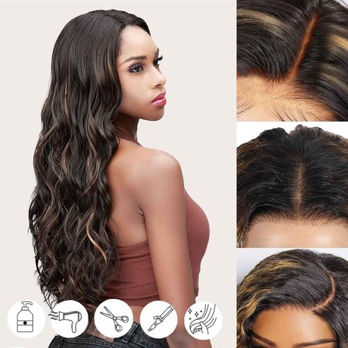 ManeMajesty 13x6 Lace Front Wigs Human Hair Balayage Highlight Ombre Body Wave Lace Front Wigs Human Hair Pre Plucked 180% Density HD Lace Glueless Wigs for Black Women 22 Inch FS1B/30