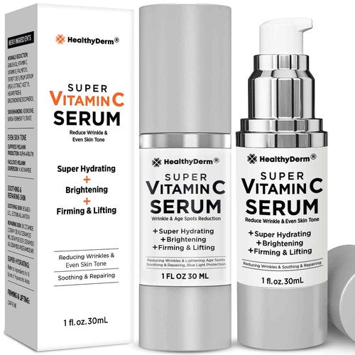 Super Vitamin C Serum for Women Over 70: Niacinamide, Vitamin C, Hyaluronic Acid, Peptides, Vitamin E, Caffeine, Bakuchiol, Hydrating, Lifting, Wrinkle & Age Spots Reduction Pack of 2