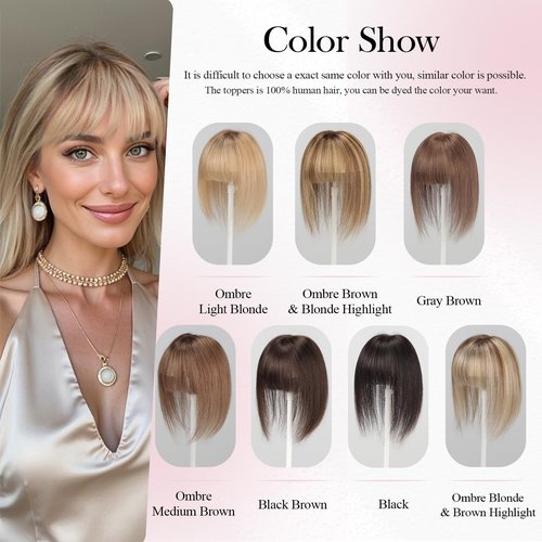 EMMOR 10 Inch Real Human Hair Topper for Women - Upgrade Swiss Lace Base with 3 Non-Slip Clips, 4.5" x 3" Clip in Bangs for Thinning Hair & Natural Hair Loss Coverage(Ombre Brown & Blonde Highlight)