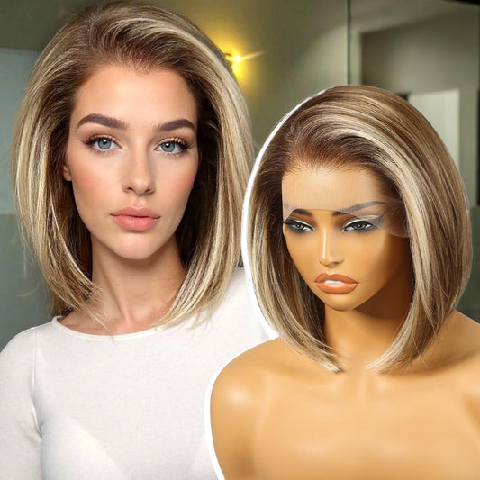 KOME Ash Blonde Highlight Synthetic Lace Front Wig,13×6 HD Short Straight Glueless Bob Wig for White Women Daily Use 12IN（#TT6/166）