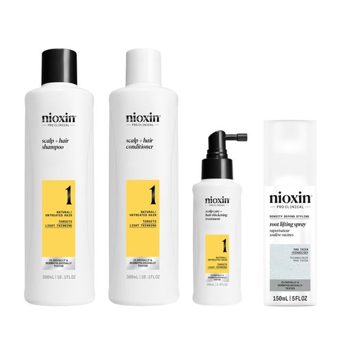 Nioxin System Kit 1 + Thickening Spray, For Natural Hair with Light Thinning, Full Size (3 Month Supply)