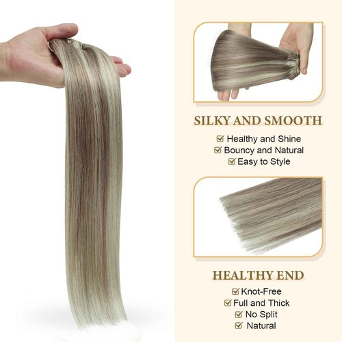 Ash Brown Highlights Platinum Blonde Clip in Real Human Hair Extensions for Women 22 Inch Remy Brazilian Clip on Human Hair Natural Straight Clip ins Hair Invisible Double Weft 60G 5 PCS