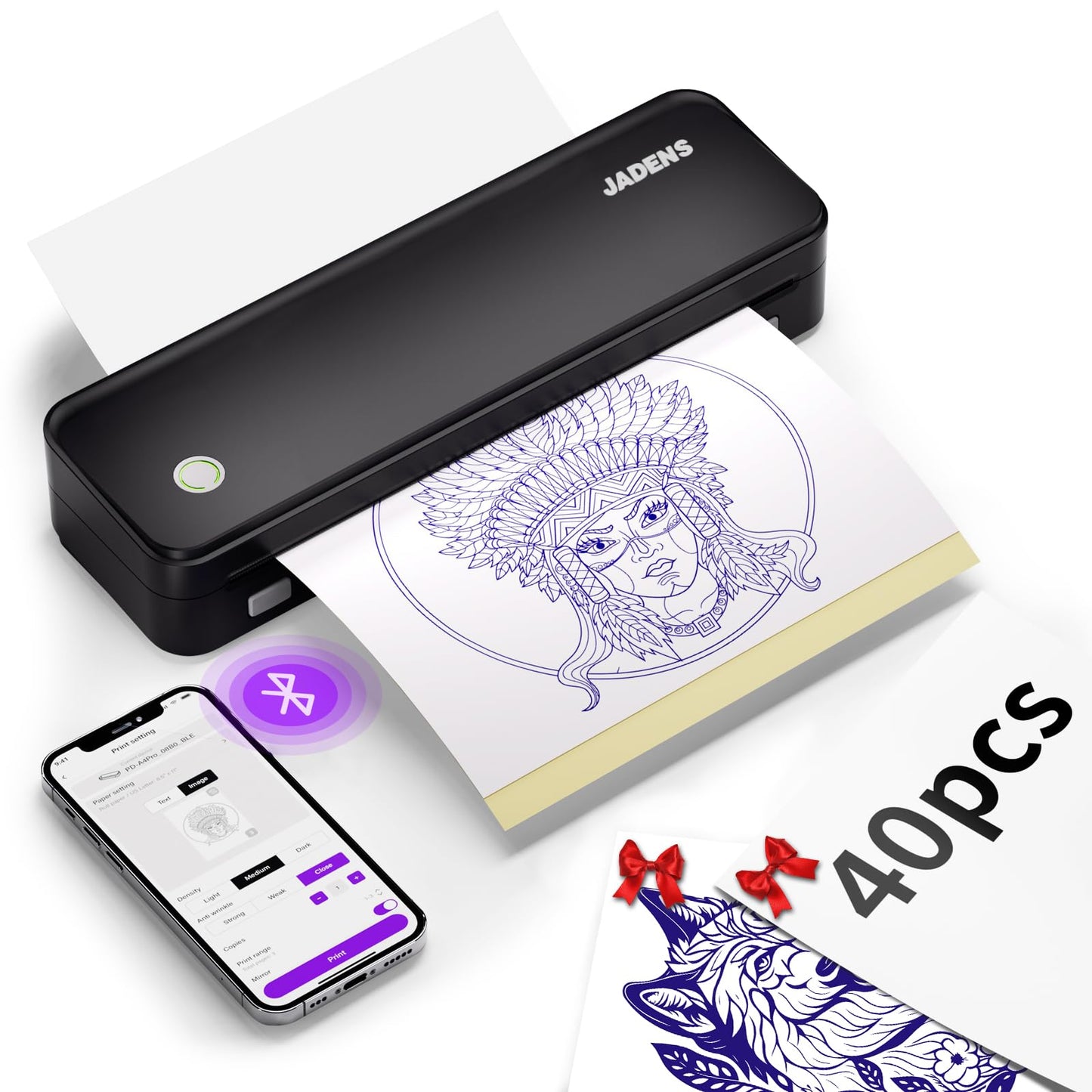 JADENS Tattoo Stencil Printer with 40pcs Transfer Paper, Bluetooth Thermal Tattoo Printer Machine with 2600mAh Battery, Compatible with Android & iOS, PC for Tattoo Artists & Beginners