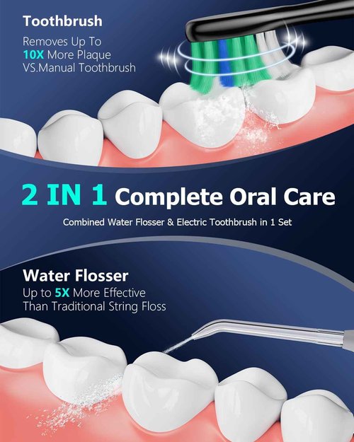 Electric Toothbrush with Water Flosser Combo: 600ML Large Water Tank & Ultrasonic Cleaning- Gum Care & Whitening- 5 Brush Modes & 10 Pressure Settings for Family Use, Black