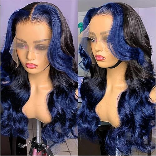 YMS Ombre Blue Wigs Human Hair 13x4 HD Lace Front Wig Pre Plucked With Baby Hair 180% Density Dark Blue 16Inch Colored Skunk Stripe Glueless Lace Frontal Wigs for Women