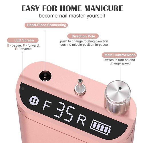 Kredioo Nail Drill, Nail Drills for Professional Acrylic Nails 35000RPM Electric File Machine Rechargeable Portable with 10 Bits Remove Gel Polish Salon Quality Manicure-Gold