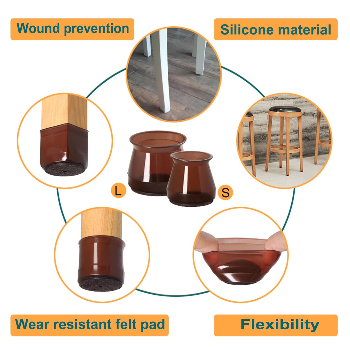 32 Pcs Silicone Chair Leg Floor Protectors for Hardwood Floors, Brown Felt Bottom Chair Leg Covers, Free Moving Table Leg Covers, Stool Leg Protectors Caps（Large fit : 1.3'' - 2''）