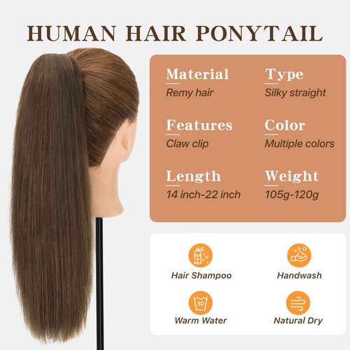 TESSHAIR Claw Clip In Ponytail Extension, 100% Human Hair Ponytail Extension, No Tangle & Smooth, 115g, 18 Inch #Dark Brown