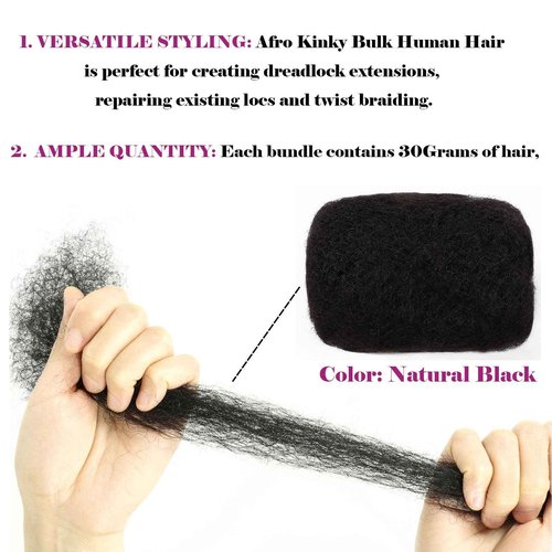 Afro Kinky Bulk Human Hair For Dreadlock Extensions Repair Locs,Twist Braiding, 100% Human Braiding Hair ，30Grams each bundles Total (10Inch #1B 10bundles)