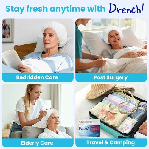 Drench No Water Hair Washing Cap - Waterless Shower Caps with Shampoo and Conditioner - Disposable Rinse Free Wash Aids - Ideal for Elderly and Disabled - Pack of 24