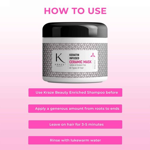 Kraze Beauty Ceramic Keratin Hair Mask - Hydrating Keratin Hair Treatment for Dry, Damaged Hair and Split Ends - Deep Conditioning Hair Mask Repair - 16 Fl.Oz