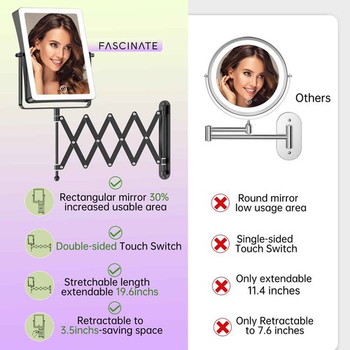 FASCINATE Rechargeable Wall Mounted Makeup Mirror with Lights, 8.7 Inch Double Sided Touch Switch 1X 30X Magnifying Bathroom Mirror, 3 Color Lights Touch Dimmable Extended Arm 360°Rotation (Black)