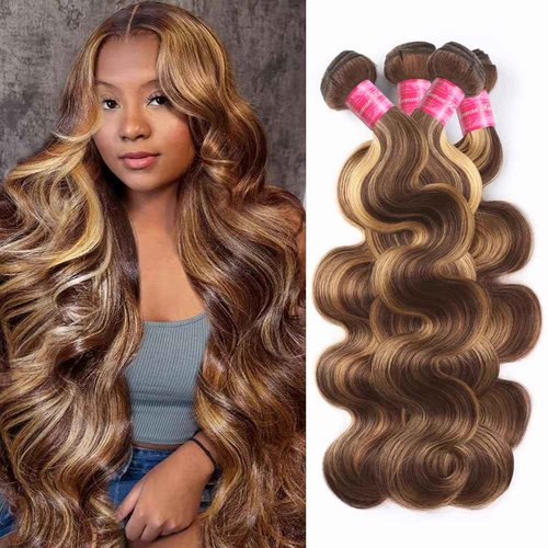 Aopusi Highlight Bundles Human Hair 4/27 Body Wave Bundles Ombre Honey Blonde Bundles 10A Grade 100% Unprocessed Brazilian Virgin Remy Hair Weft Piano Color(14 16 18 20 Inch)