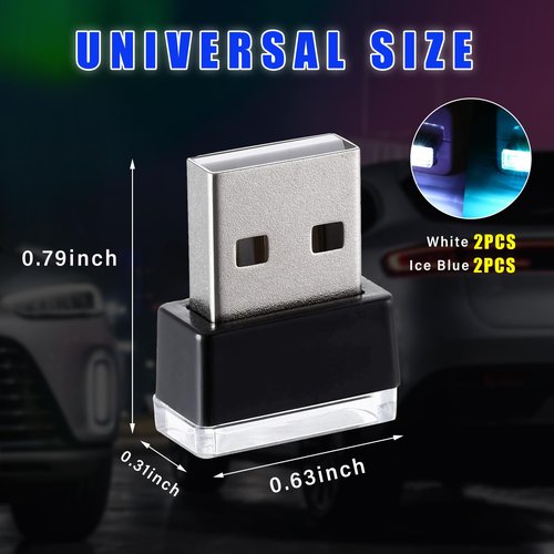 Augeny 4 PCS USB LED Car Interior Atmosphere Lamp, Plug-in USB Decor Night Light, Portable Auto Ambient Lighting Kit, Universal Vehicle Interior Accessories for Most Cars (White & Ice Blue)