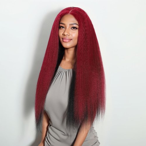 Sogram Wear and Go Glueless Yaki Straight Human Hair Wig Double Wear Wig No Glue Transparent HD Lace Wig 4x4 Kinky Straight Lace Closure Wigs Human Hair 180% Density 22 Inch (Red and Black)