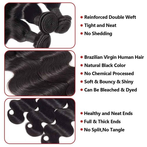 Shoobidoo Body Wave Bundles Human Hair Bundles Body Wave Human Hair Bundles 3 Bundles 10A Brazilian Hair Bundles Weave Bundles Human Hair Extensions Body Wave Bundle for Women Natural Black