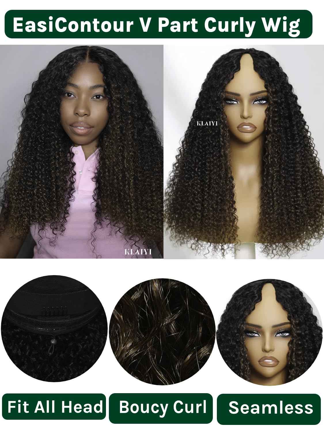KLAIYI Ombre Brown V Part Wig Curly Human Hair Upgrade U Part Wig with Dark Roots Glueless Chestnut Brown Clip in Half Wig No Glue No Lace No Leave Out 30S Easy to Wear and Go Beginner Wig 150% 14Inch