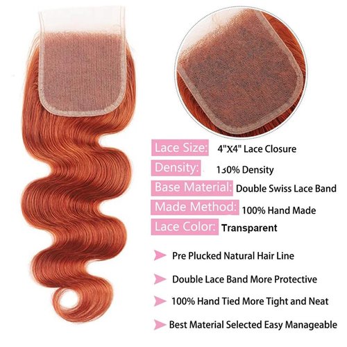 10A Bundles with Closure Human Hair Body Wave Ginger Bundles-12 14 16+12Inch, Unprocessed Raw Brazilian Human Hair Quick Weave Bundles with Free Part Lace Closure 350 Ginger Brown Color