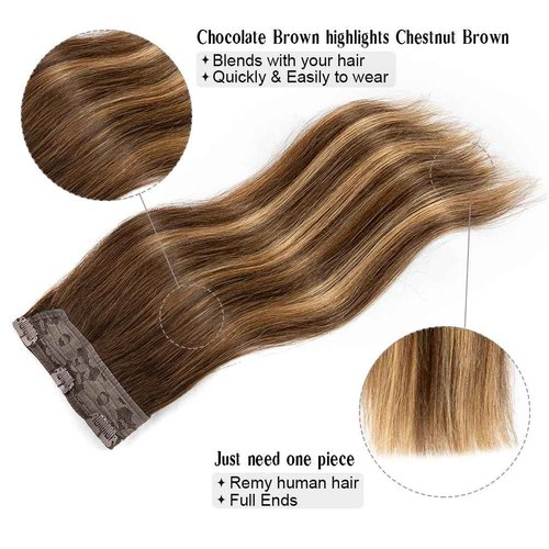 Winsky Hair Extensions Real Human Hair - One Piece Brown Balayage Remy Hair Extensions Clip on 90gram for Women (20inch, #4T27P4)
