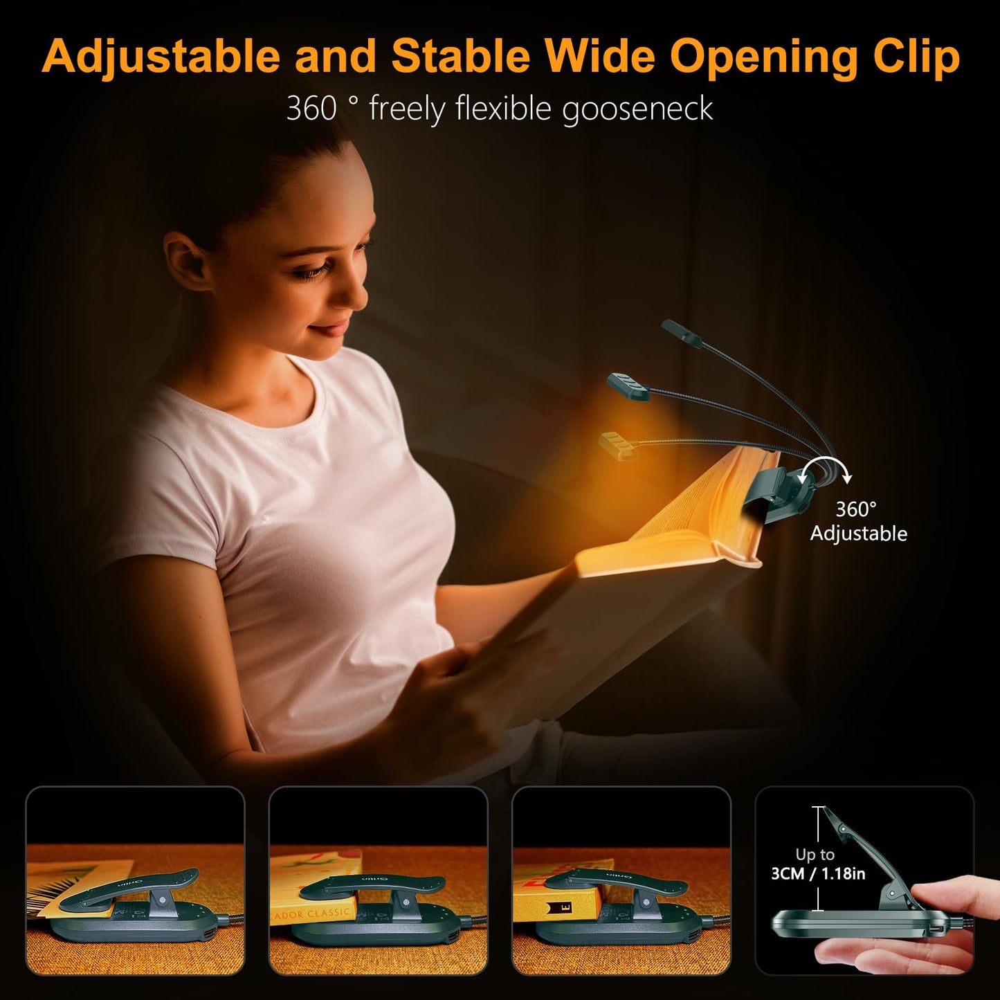 Gritin Rechargeable Book Light for Reading in Bed with 19 LED &Memory Function-Eye Caring 3 Color Temperatures,5 Brightness Levels,80 Hrs Runtime Flexible Goose Neck Clip on Light-Aquamarine