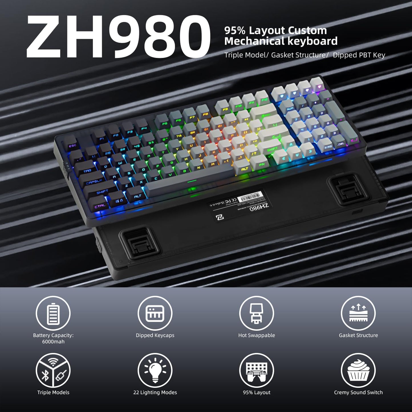Zornher ZH980 Wireless Mechanical Gaming Keyboard,95% Black & White Hot-Swappable Custom Creamy keyboard With Number Pad,Lighted Up PBT Keycaps,Pre-lubed Linear Switches,RGB Backlit,2.4GHz/USB-C/BT5.0