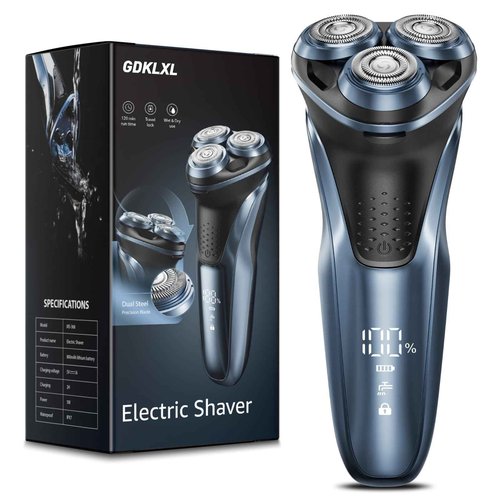 GDKLXL Men's Electric Razor, IPX7 Waterproof Shaver with 4D Flex Blades & Pop-Up Trimmer, 90Min Runtime, Fast USB-C Charge, Wet/Dry Use, for Sensitive Skin, Travel-Friendly, Blue