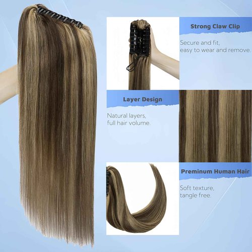 FUOTONBUTY Claw Clip Ponytail Extension 100% Real Remy Human Hairpiece Pony Tails Hair Extensions Long Straight Ponytail for Women (14 inch, Balayage Dark Brown to Chestnut Brown)