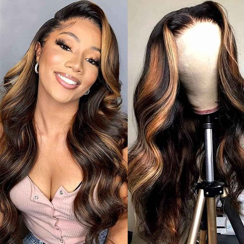 HANGFIRST 30 Inch 13x6 Highlight Body wave Lace Front Wigs Human Hair 180% Density Ombre1B/30 Brazilian Virgin Human Hair Wigs for Women Pre Plucked with Baby Hair