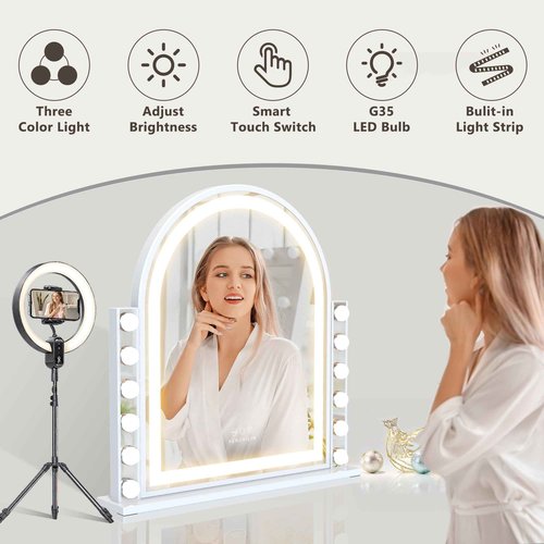 FENCHILIN Arch Vanity Mirror with Light 23.4"x22.4" Arched Makeup Mirror Lighted Hollywood Mirror with 12 Dimmable Bulbs and Light Strip with Smart Control 3 Color Modes White