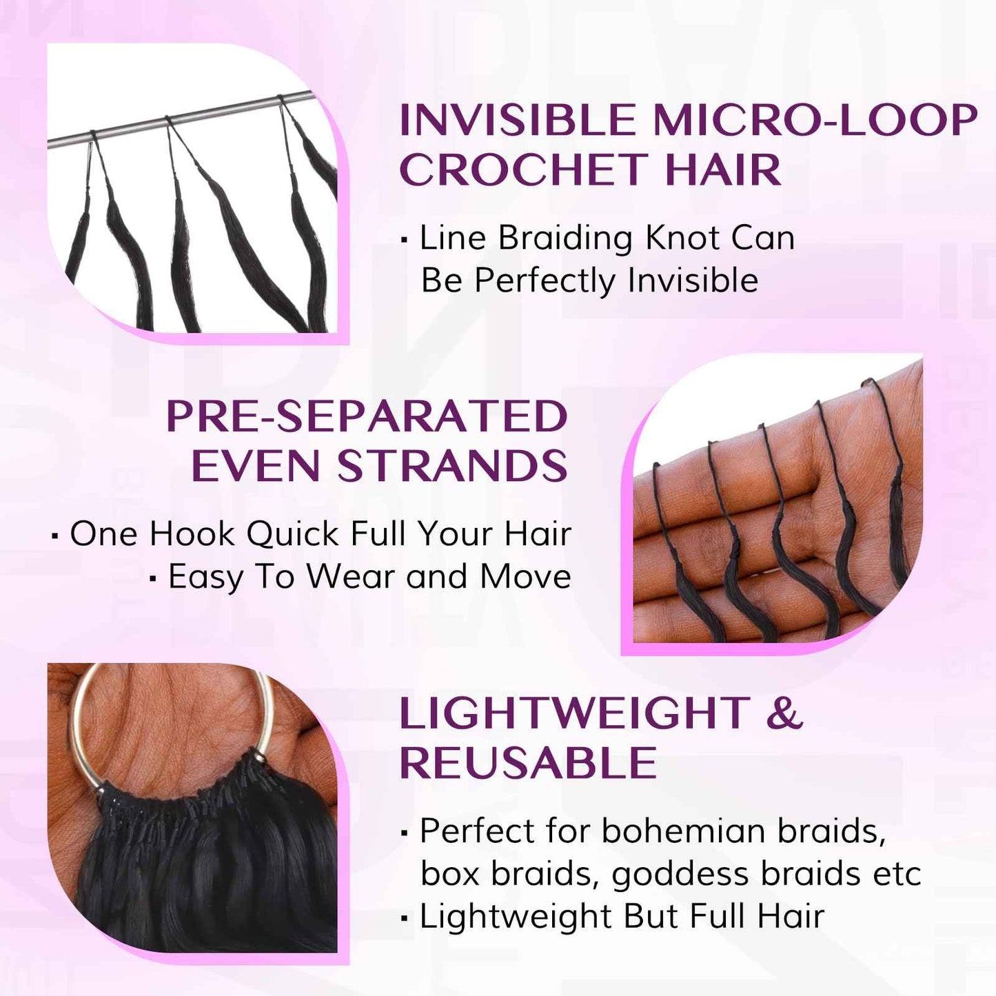 IDN Human Crochet Hair Knotless Pre Separated Bulk, 20 Inch 60g Feather Line Crochet Hair Braids, Deep Wave Natural Black Invisiable Knot Hair Extensions For Women Girl Kids