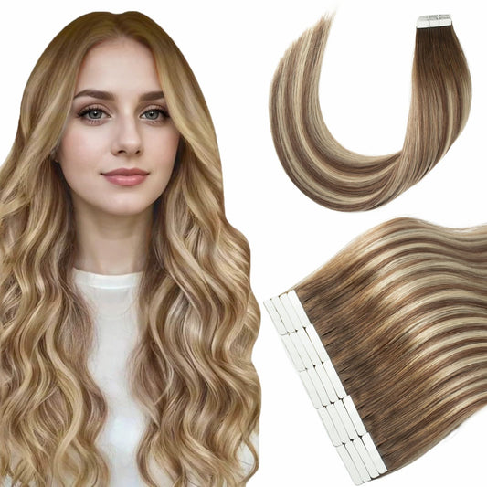 Hyssiet Tape in Hair Extensions Human Hair, 20pcs 50g 18 Inch Tape in Hair Extensions, Balayage Walnut Brown To Ash Brown Mix Light Blonde,Invisible Remy Silky Straight Real Natural Thick Human Hair