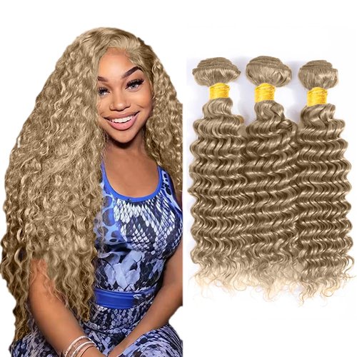 #22 Blonde Bundles Human Hair Deep Wave Bundles 30 32 34 Inch Unprocessed Brazilian Virgin Hair Ash Blonde Deep Wave 3 Bundle Human Hair Extensions 50 Gram Per Bundle