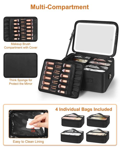 Relavel Extra Large Makeup Bag with LED Mirror, Cosmetic Train Case for Makeup Artists with 4 Removable Pouches and Adjustable Dividers, Hair Supplies Organizer, Travel Portable Mirror with Lights