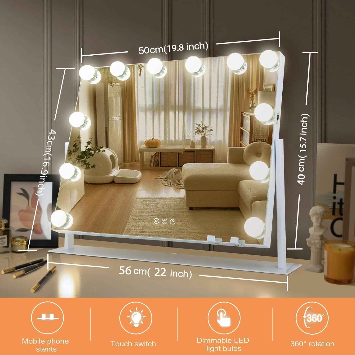 Hollywood Makeup Mirror with Lights,22" X 17" Lighted Vanity Mirror with 3 Light Modes, Detachable 10X Zoom Magnifying Mirror, 360 Rotatable, Metal Frame,Touch Control,AC-Powered, Gifts, White