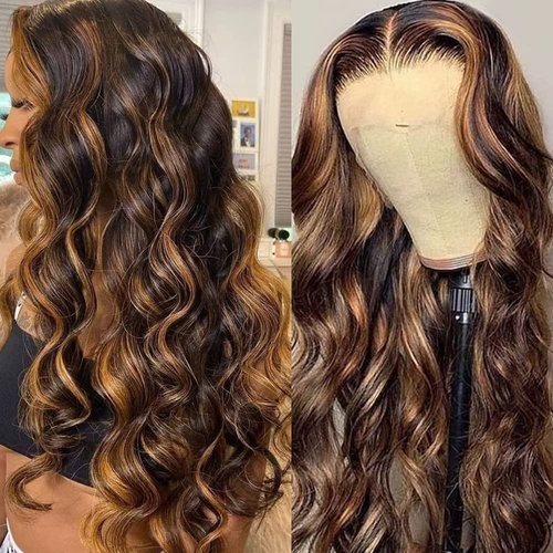 BELE Ombre Highlight 4/27 Color 13x6 Transparent HD Lace Front Wig Human Hair Brazilian Virgin Body Wave 180% Density Lace Front Glueless Wig Pre Plucked with Baby Hair 20inch for Women