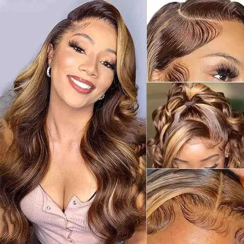 DOSAY Highlight Ombre 13x4 Hd Transparent Lace Front Human Hair Wig 24 Inch Brown Honey Blonde Body Wave Glueless Wigs 180% Density for Woman