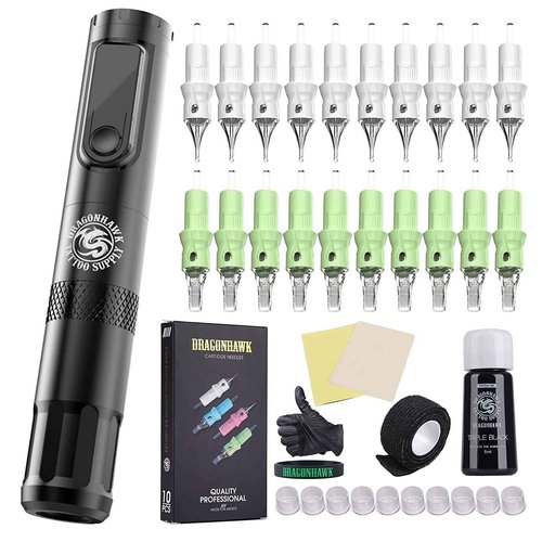 Dragonhawk X4 Tattoo Pen Kit Wireless Tattoo Machine Gun Kit Tattoo Cartridges Needles Black Tattoo Ink Supplies General Tattoo Kit TZ-025