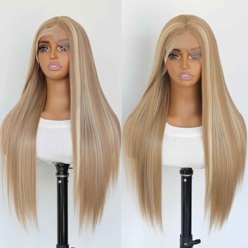 SALLYWELL Honey Blonde 13×4 Lace Front Wig Honey Blonde Highlights Heat Resistant Synthetic Wig For Women 180% Density 24Inch