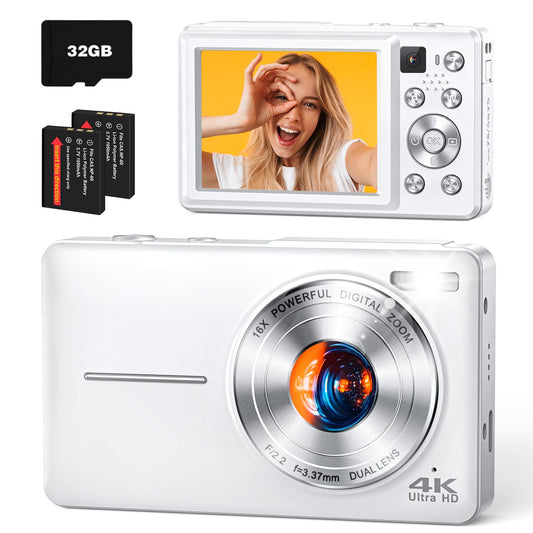 YAXTIFIU 4K Digital Camera, 64MP Autofocus Vlogging Camera with Front Rear Lens, Flash, 16X Zoom, Anti-Shake, 32GB Card, Compact Point Shoot Camera for Teens Adult Beginner Travel Photography(White)