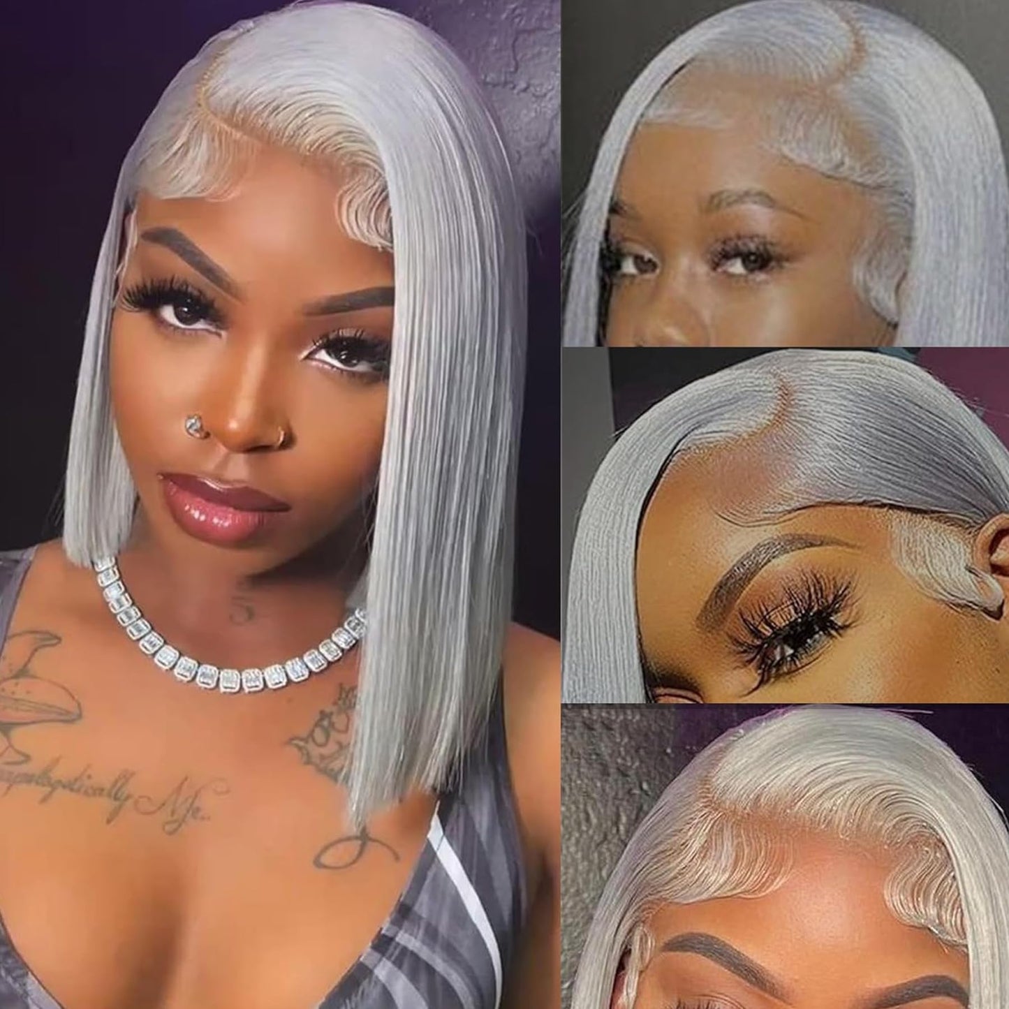 GIRLOFDREAMS Grey Color Short Bob Wig Human Hair 13x4 Straight Lace Front Wigs Glueless 180 Density Pre Plucked with Baby Hair Brazilian Remy Gray Colored Transparent Frontal Lace Wigs for Black Women