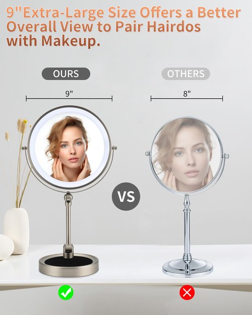 9" Lighted Makeup Mirror,1X/10X Magnifying Vanity Mirror with Height & Brightness Adjustable,Rechargable Makeup Mirror,360°Rotation Double Sided Standing Desk Mirror (Satin Nickel)
