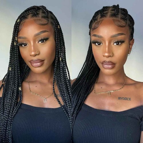 SUPERNOVA 36 Inch Knotless Box Braided Wigs With Baby Hair For Black Women Square Synthetic Hair 13x7 Lace Front Braided Wig And Half Back Double Lace Boho Braids Wig