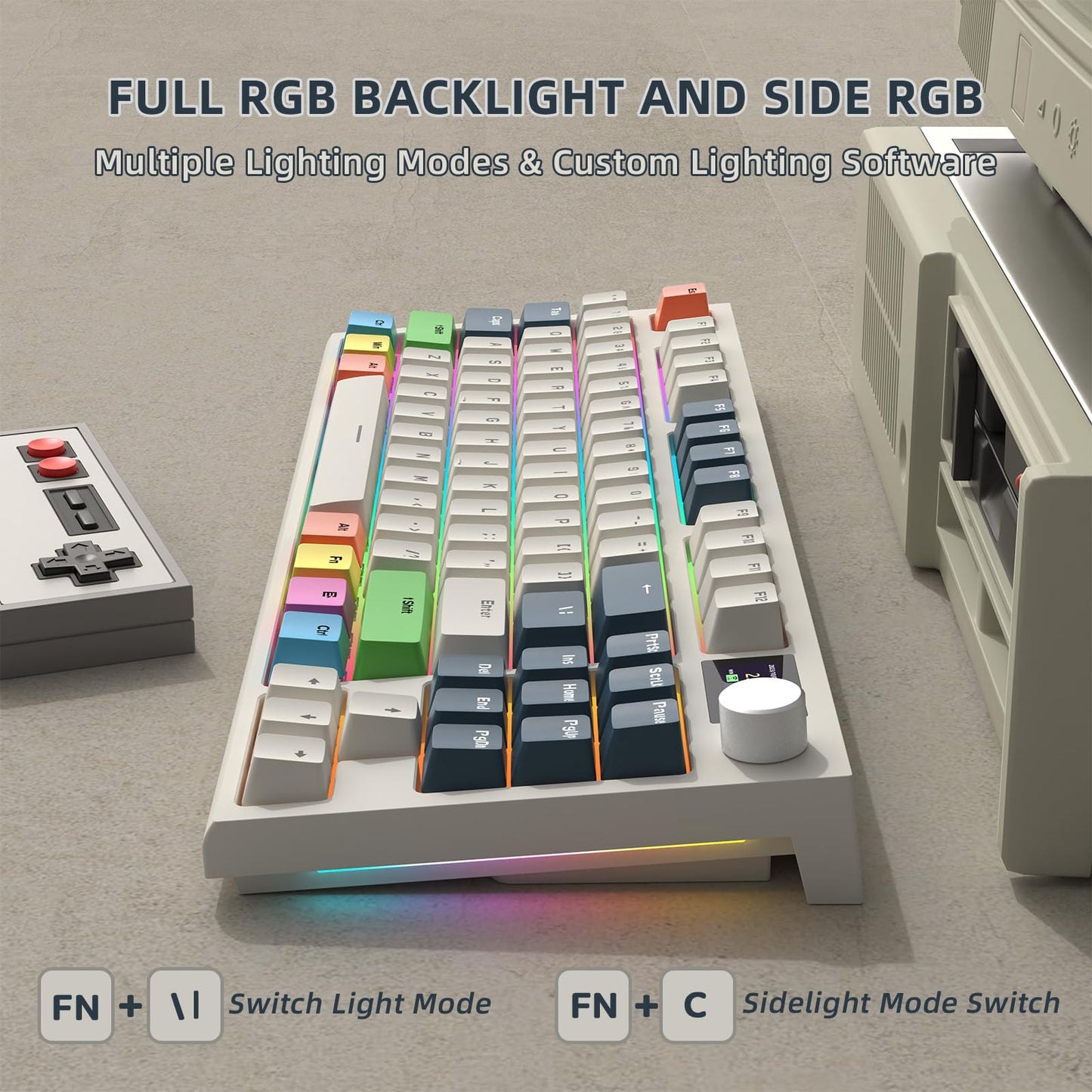 RK86 Mechanical Keyboard, 2.4G Wireless/BT5.0/USB-C Wired Gaming Keyboard 75% Layout TKL 87 Key with 1.2'' TFT HD Color Display & CNC Knob, 27 RGB Backlit TTC Hot-Swap Linear Switch PBT Keycap