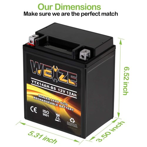 Weize YTX14AH-BS High Performance - Maintenance Free-Sealed AGM ATV Motorcycle Battery for Polaris Sportsman 570 Trail Blazer 250 Ranger 400 500 Suzuki King Quad 300 QuadRunner 250