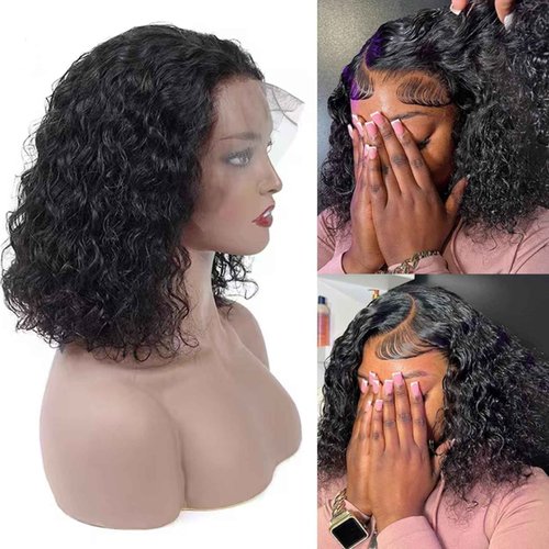 yuccy Curly Bob Wig Human Hair 13X4 Water Wave Lace Front Wig Human Hair Pre Plucked 250% Density Curly Bob Wigs for Women Natural Color 14 Inch…