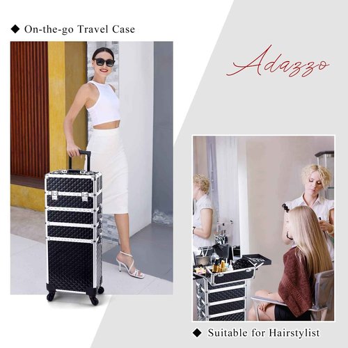 Adazzo 4 in 1 Rolling Makeup Case Cosmetic Train Case Trolley Roll Travel Box for Makeup Artist, Hairstylists, Nail Tech Makeup Cart with Key Swivel Wheels Barber Case Traveling Trunk Black