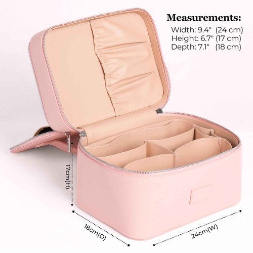 ZEVGANI Vanity Case Leather Makeup Bag with Mirror, Large Travel Toiletry Bag Make up Cosmetic Organizer Dual Compartments Brush Storage & Removable Divider for Full-Size Toiletries Skincare, Pink