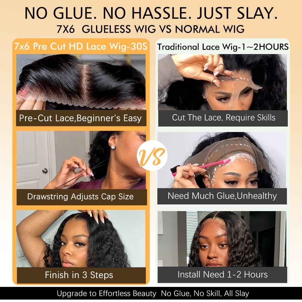 Goulus 7x6 Deep Wave Glueless Wigs Human Hair Pre Plucked Pre Cut 250% Density Drawstring Wig Human Hair Wear and Go Glueless Wigs for Black Women Natural Color #1B 16 Inch