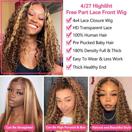 Jenniferita Ombre Honey Blonde Wear and Go Glueless Deep Curly Wave Lace Front Wigs Human Hair Highnight HD Lace Front Wigs Human Hair 4/27 Frontal Wigs Human Hair Curly Wigs 200% Density 16 Inch