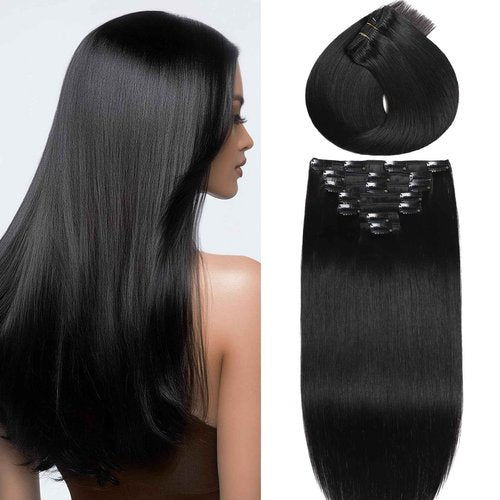 Miskoey Clip in Hair Extensions Real Human Hair, Invisible Seamless Straight Remy Human Hair Extensions Clip ins for Women (1B Natural Black, 16‘’)